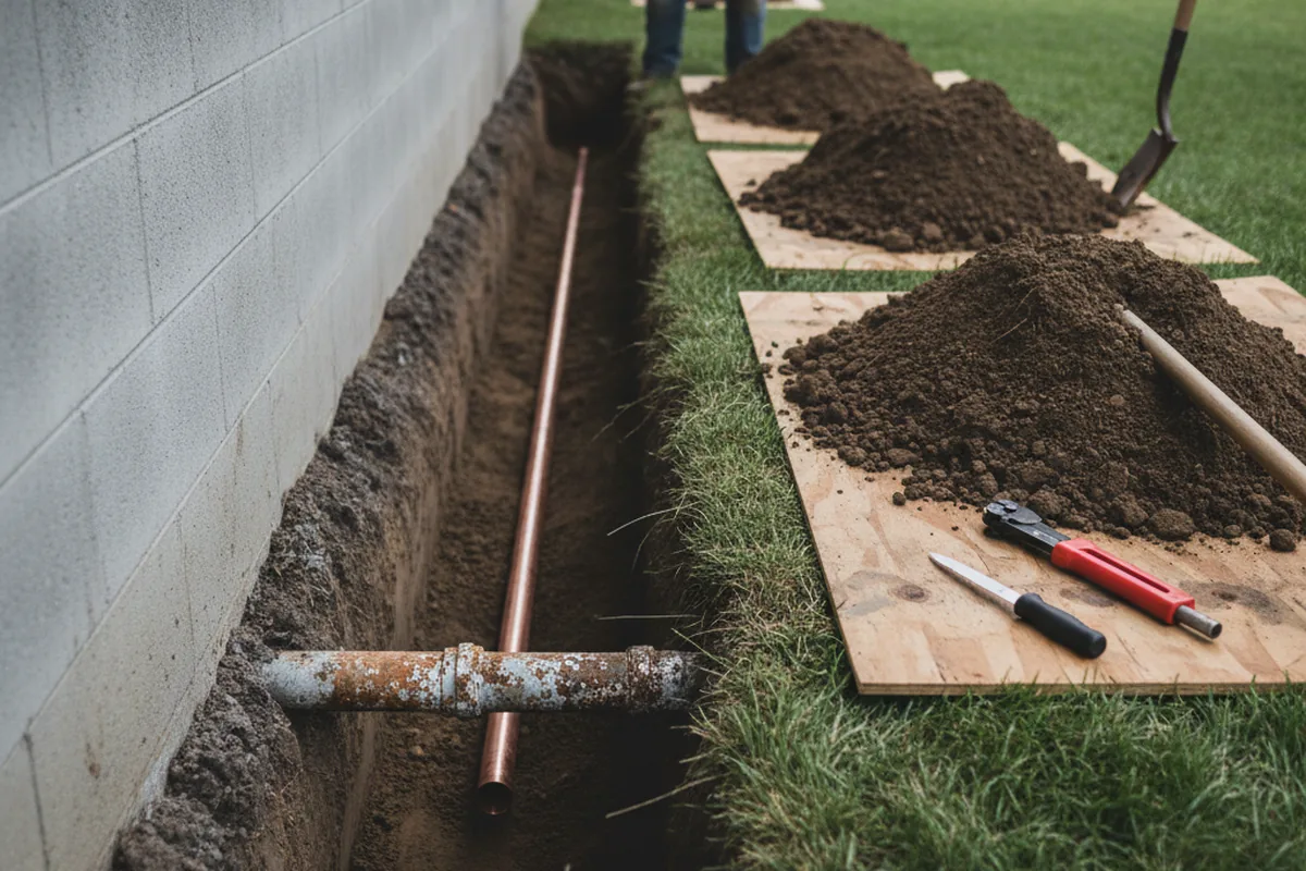 Excavated water line trench during Sewer Line Repair in Jackson Center